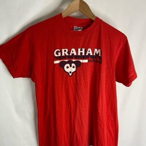 Vintage 80s Hanes Graham School Logo Single Stitch Red Tshirt Sz L USA Rare!! L6